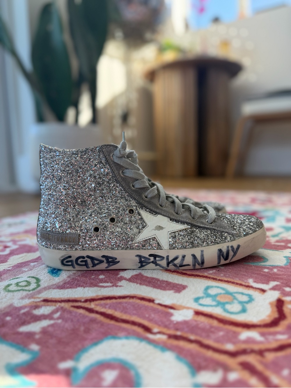 Golden Goose Silver Glitter High-Top Francy Sneakers Size 39
